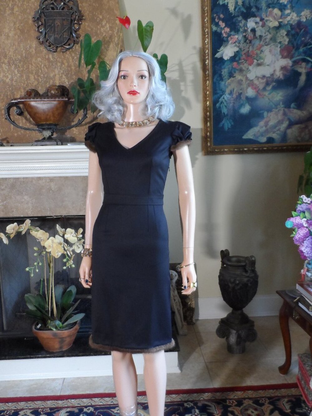 Blumarine Black Mink Trim Sheath Dress Size IT 42 US 6